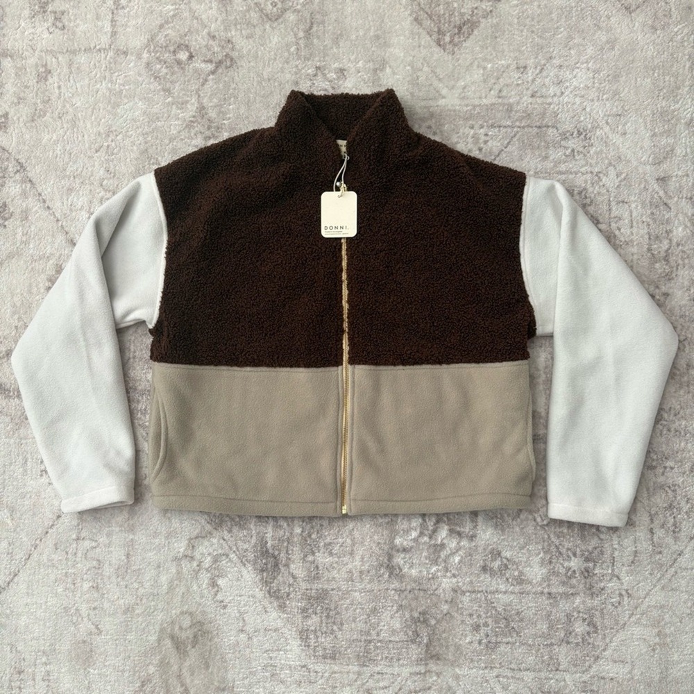 Donni Colorblock Boxy Fleece Faux Sherpa Zip Up Sweater Jacket XS New Brown